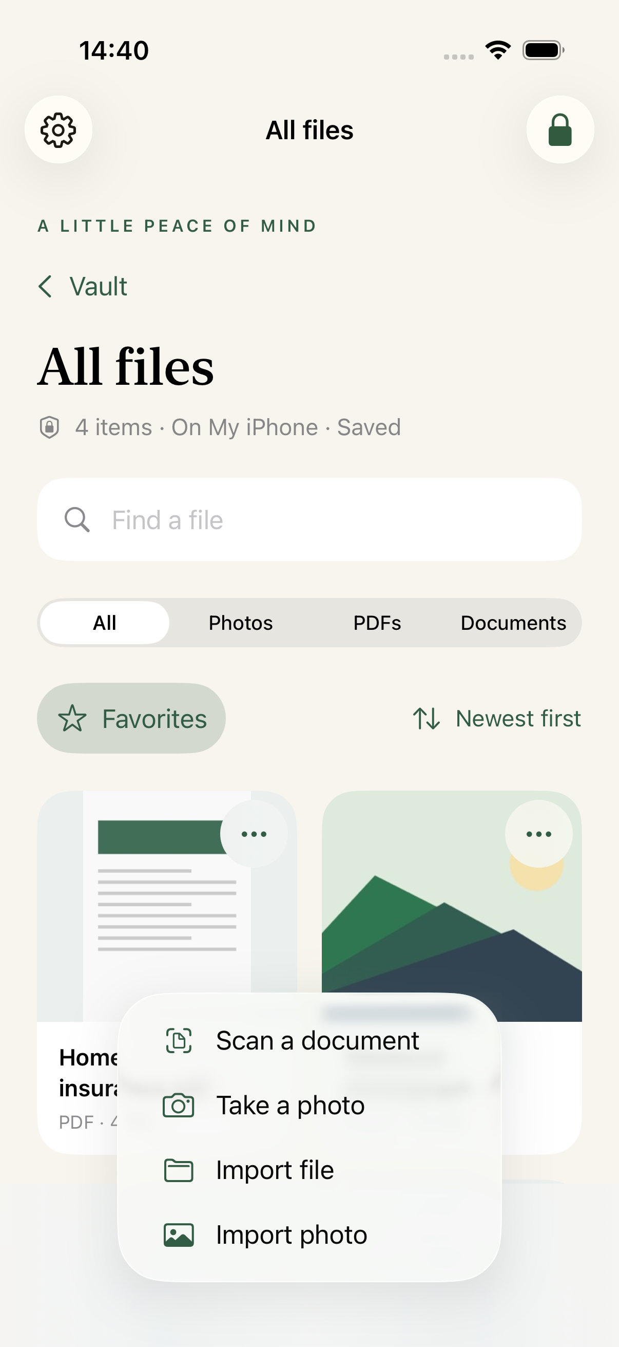 The Add to vault menu, with photo and file import, Take a photo and Scan a document.