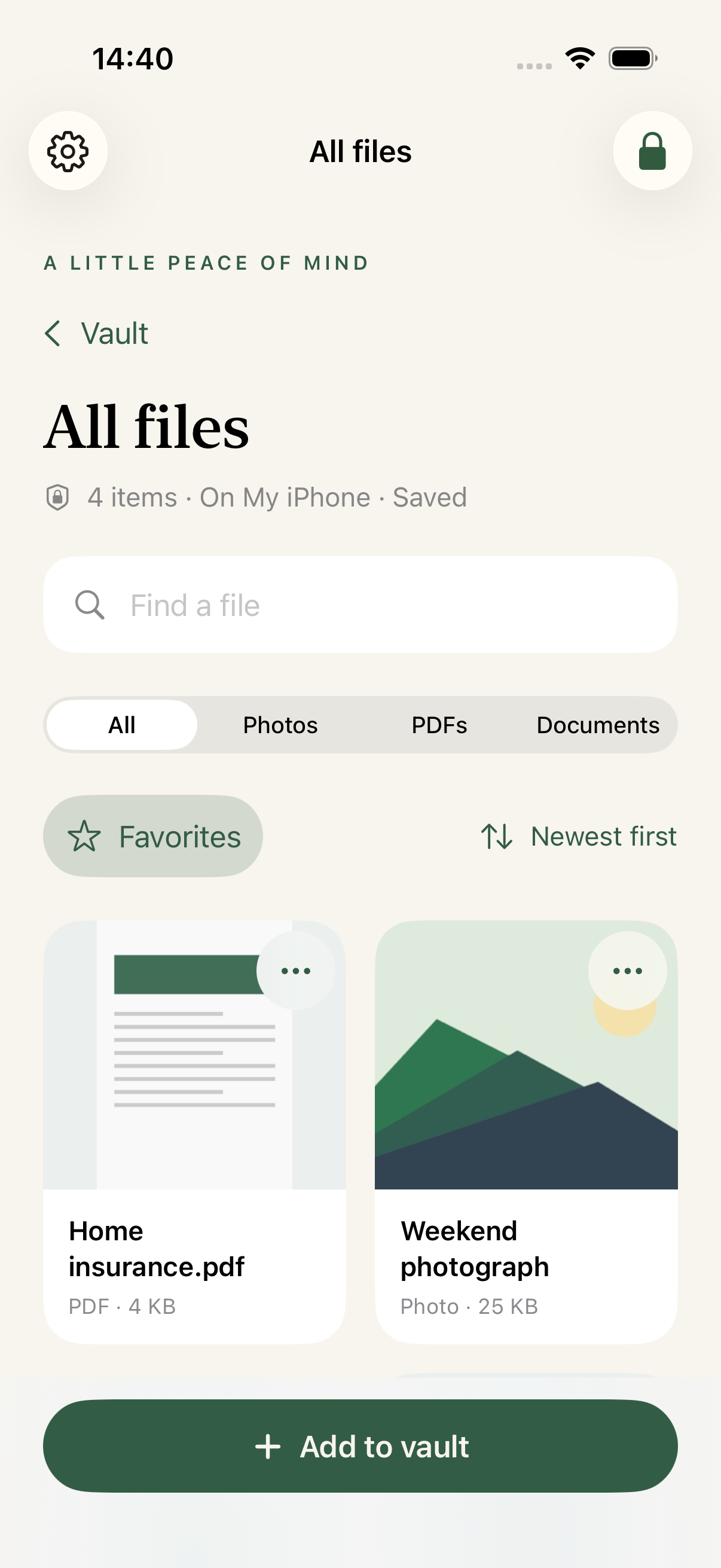 The Locked Documents library showing home insurance, personal notes, a household budget and a weekend photograph.